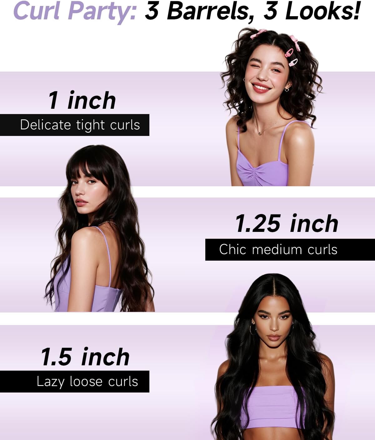 3 in 1 automatic curling iron, hair curlers with 3 curling barrels (1" - 1.25" - 1.5"), rotating curling iron with 3 temp, 2-way rotation, 10s fast heating, anti-scald, dual voltage, white