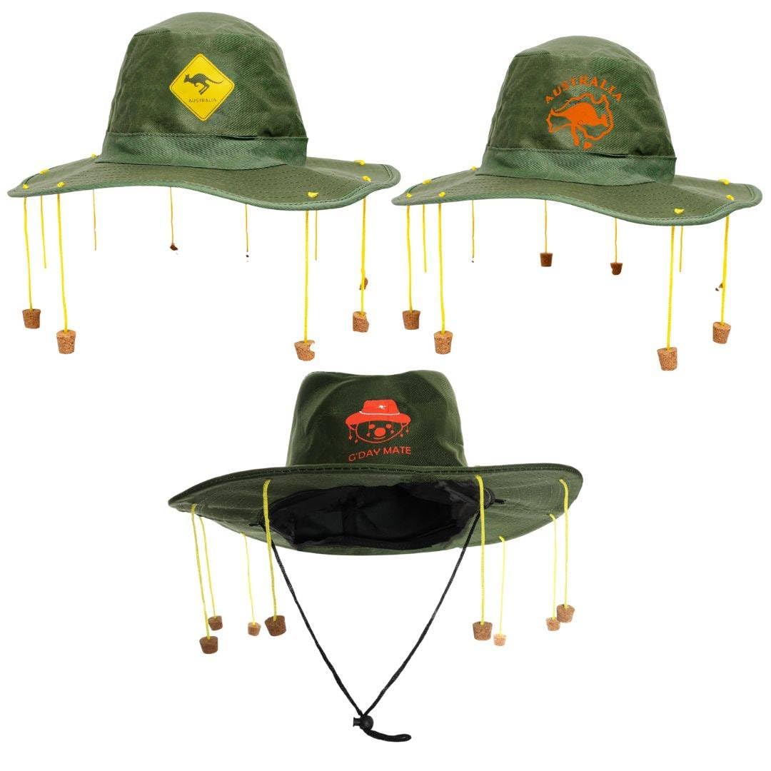 Australia Cork Hat - Pack of 3 – 3 Styles - Green Hats with Hanging Corks - Australian Fancy Dress Costume Accessory for Australia Day, Aussie Parties