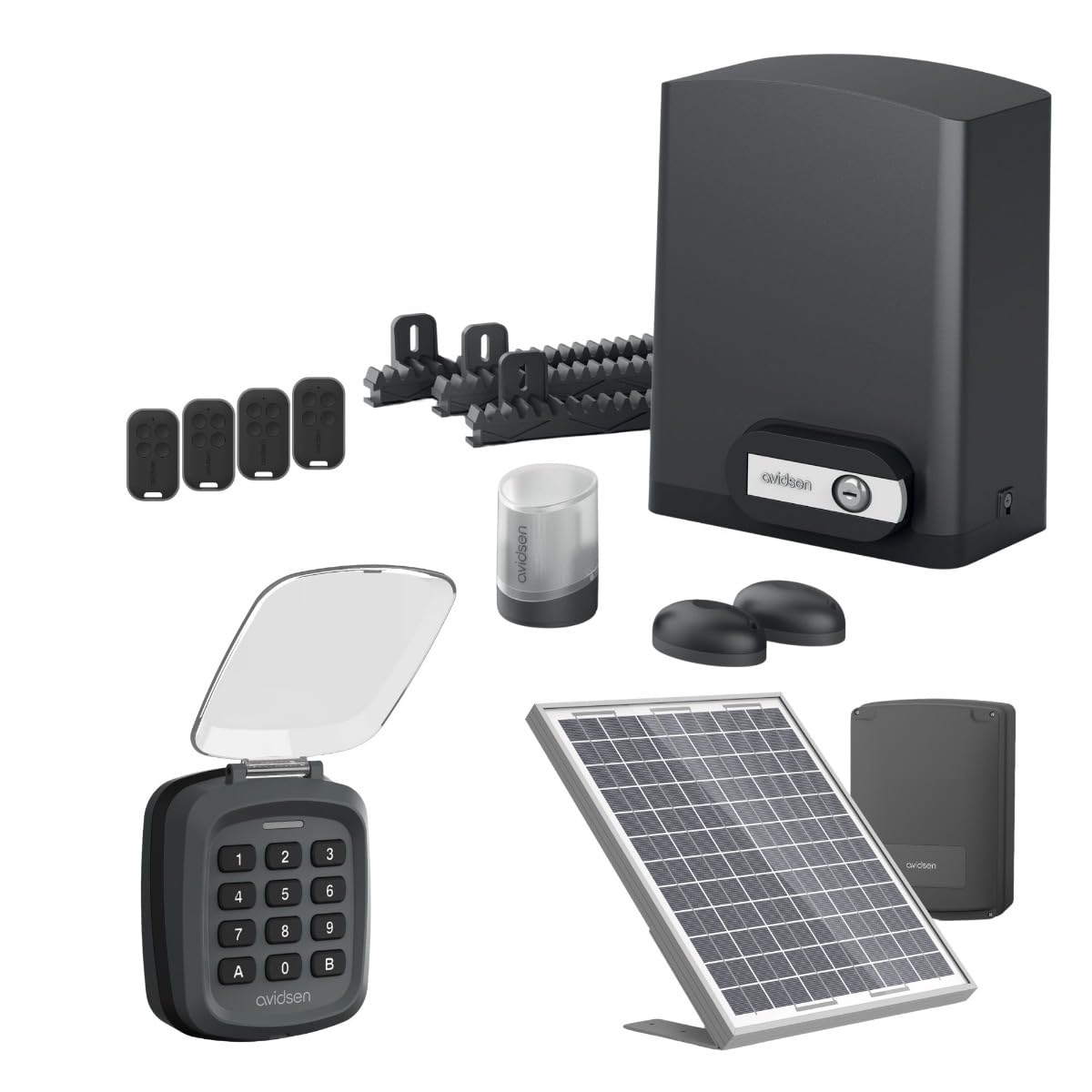 Avidsen Orea 550 – Motorisation pour Portail Coulissant Jusqu'à 8 m et 500 kg, avec kit Solaire, digicode sans Fil et 4 télécommandes au Total, Usage résidentiel