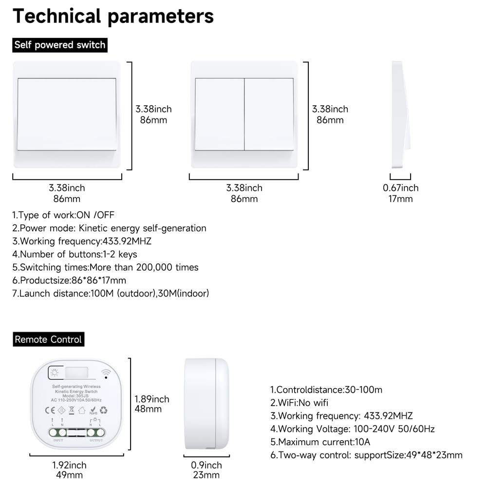 Cerhot radio interruttore radio 230 V, interruttore della luce senza batteria, set di interruttori della luce wireless switch radio senza batteria, interruttore radio da parete per luci (EU 2 marce, 1