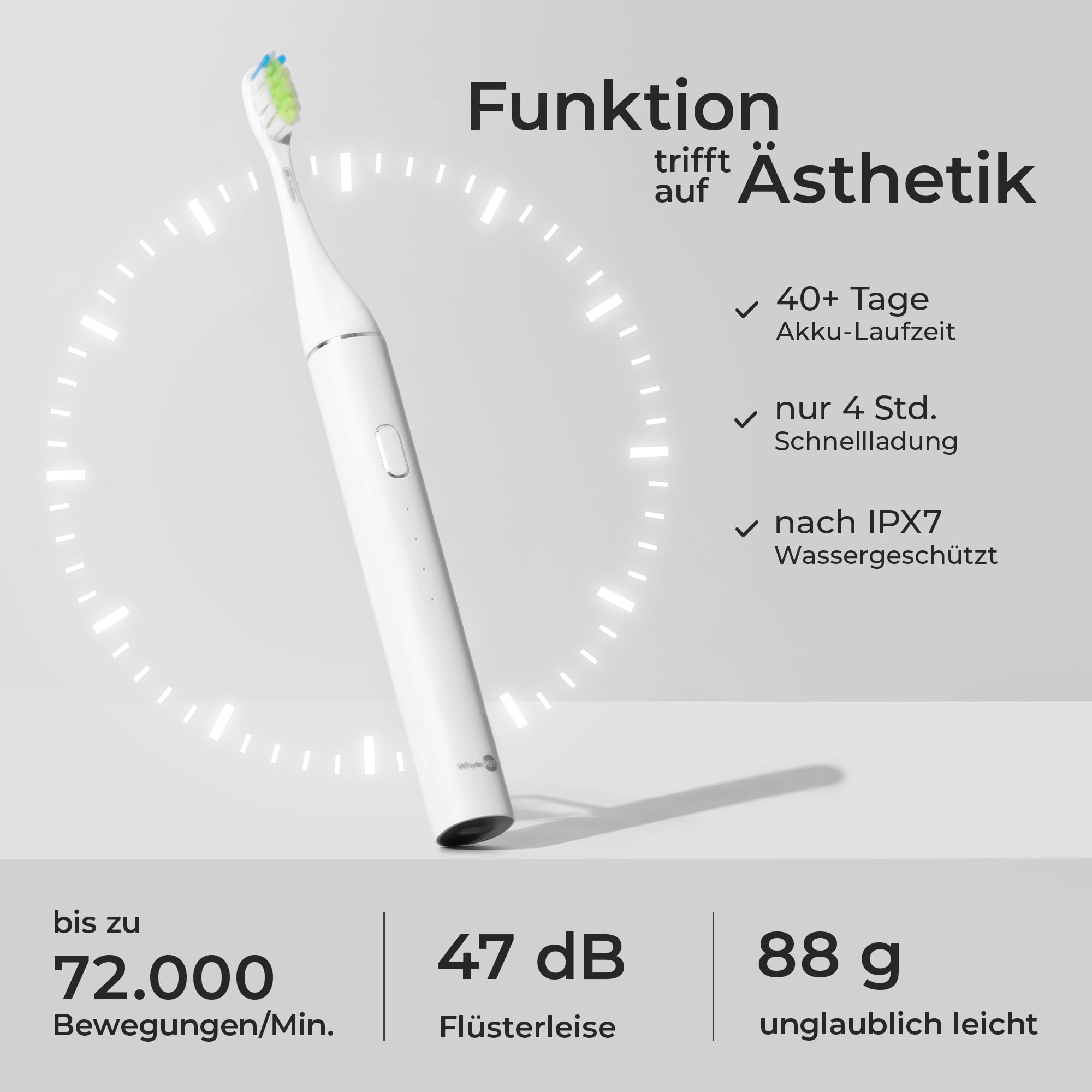 WhyteDOT® Doppel-Set, elektrische Zahnbürste – Schallzahnbürste, leise & sanft, 2 Bürstenköpfe: gründlich & sensitiv, 3 Modi, Timer & UV-Reiseetui – von Zahnärztin gegründet