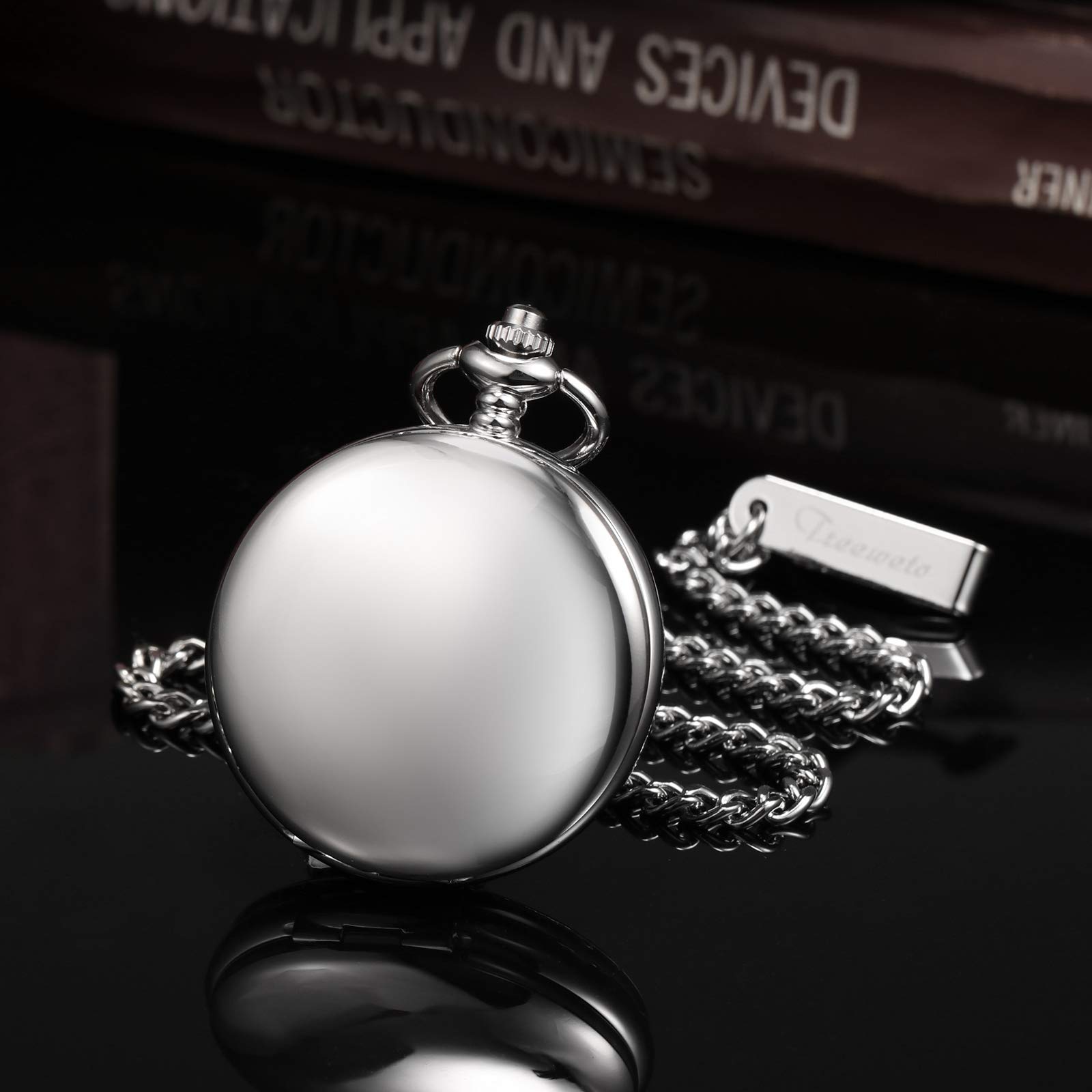 TREEWETO Orologio da taschino classico, liscio, doppia cassa, meccanico, steampunk, numeri romani, orologio da taschino, per uomo e donna, con catena + confezione regalo, Argento, Classico