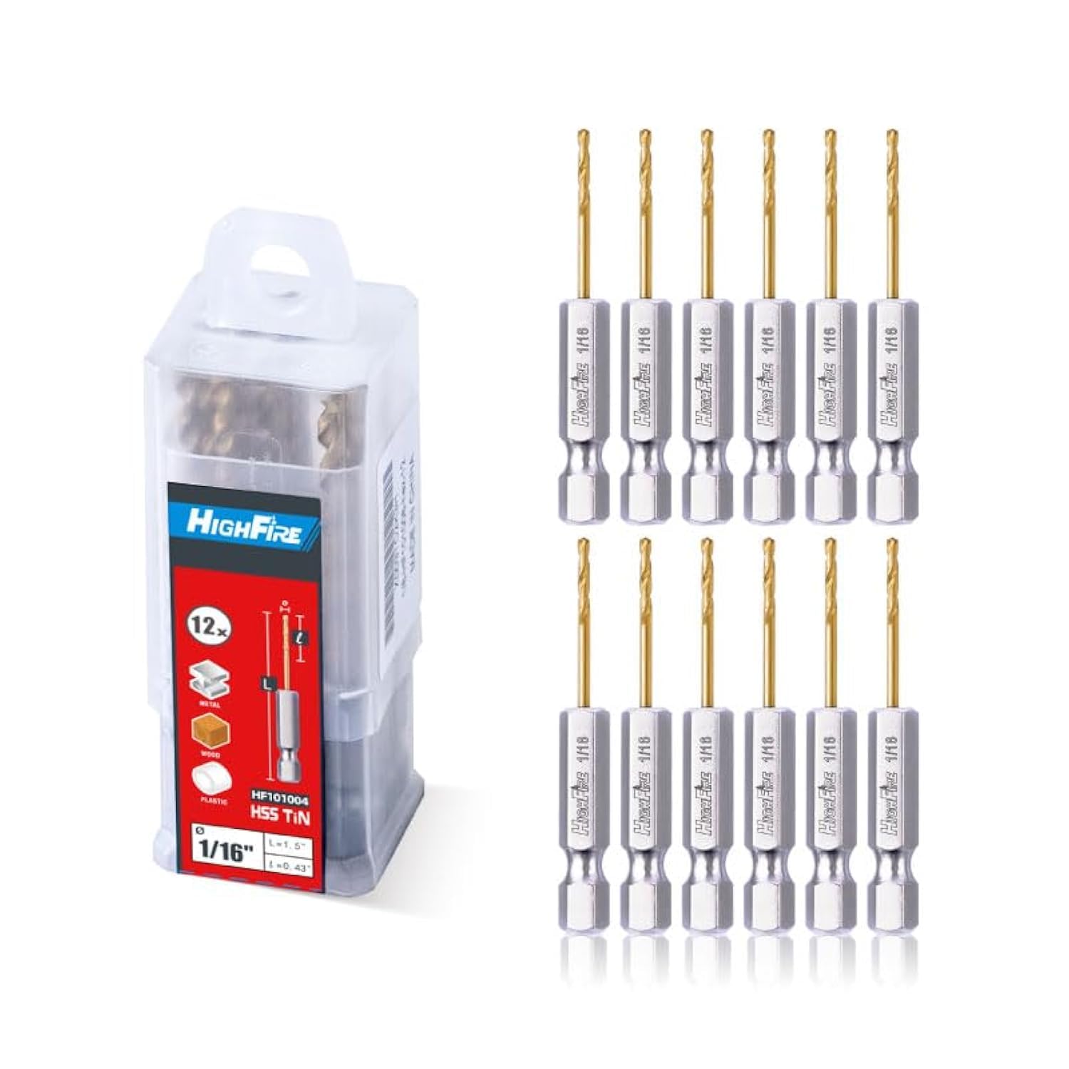HIGHFIRE1/16 Hex Shank Drill Bits, High Speed Steel Titanium Drill Bit Set for Steel, Quick Change Small Drill Bits for Metal (Pack of 12 Identical