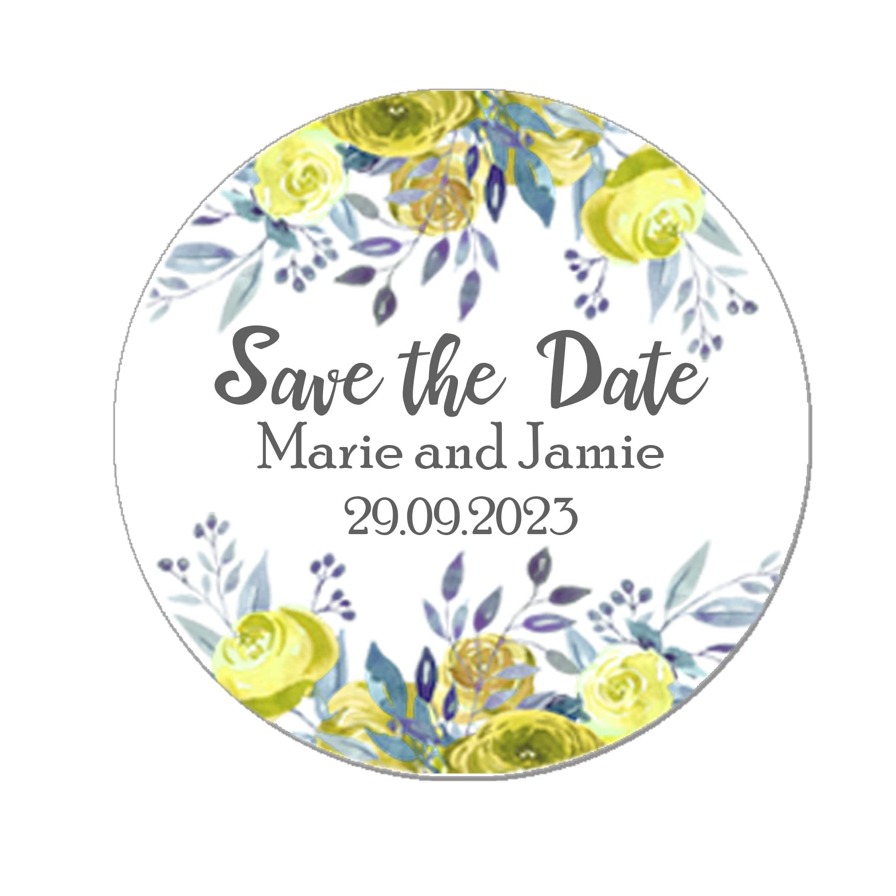 Personalised Save The Date Wedding Stickers - 35 - Floral Effect Favour Eucalyptus Thank You Gift Favour Rustic - Yellow Floral