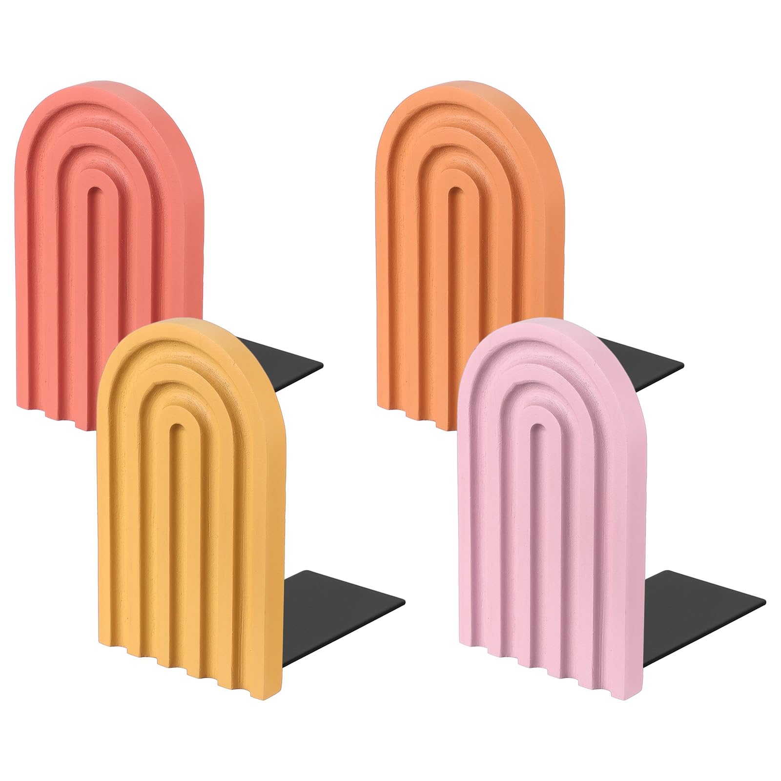PATIKIL 4Pcs Arch Bookends, Non-Skid Wood Book Ends for Shelves Book Stopper for Holding Books Movie CD Home Office Library Decorative, Red/Yellow/Light Orange/Pink