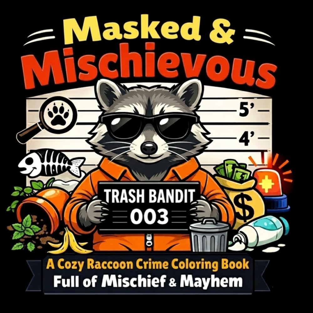 Masked & Mischievous: A Cozy Raccoon Crime Coloring Book Full of Trashy Mischief & Mayhem for Adults and Teens (Cozy Crime Critters Coloring Series)