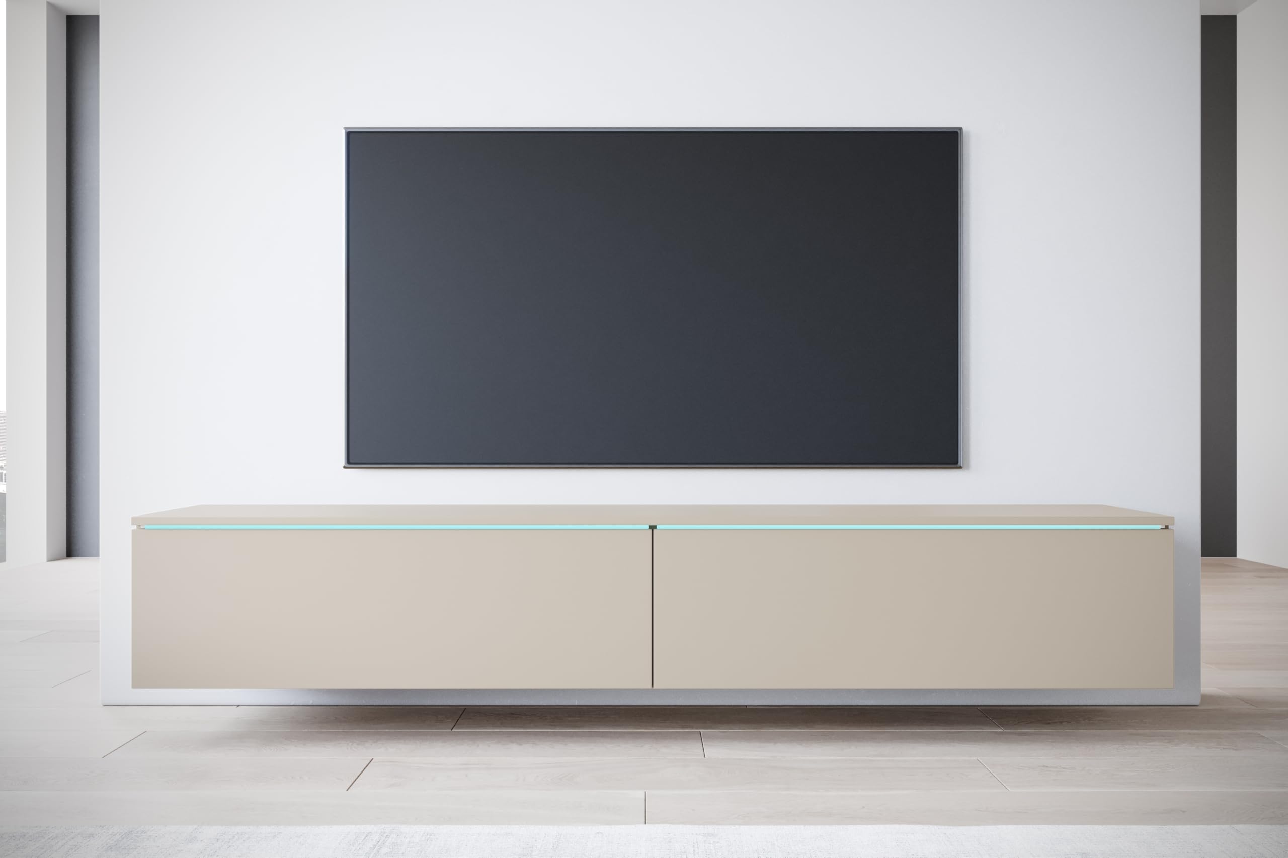 MINIO go for it - Meuble TV Donna Largeur 180 cm Lowboard sans LED | Debout ou suspendu, meuble TV pour le salon, panneau stratifié, couleur : beige cachemire