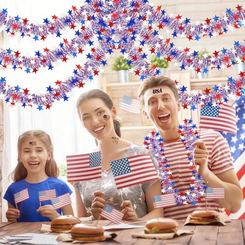 Image of 50FT 4th of July Patriotic Tinsel Garland Decorations, Red White and Blue Tinsel with Star Metallic Glitter Hanging Garland for Memorial Day 4th of July Independence Day Indoor Outdoor Decor