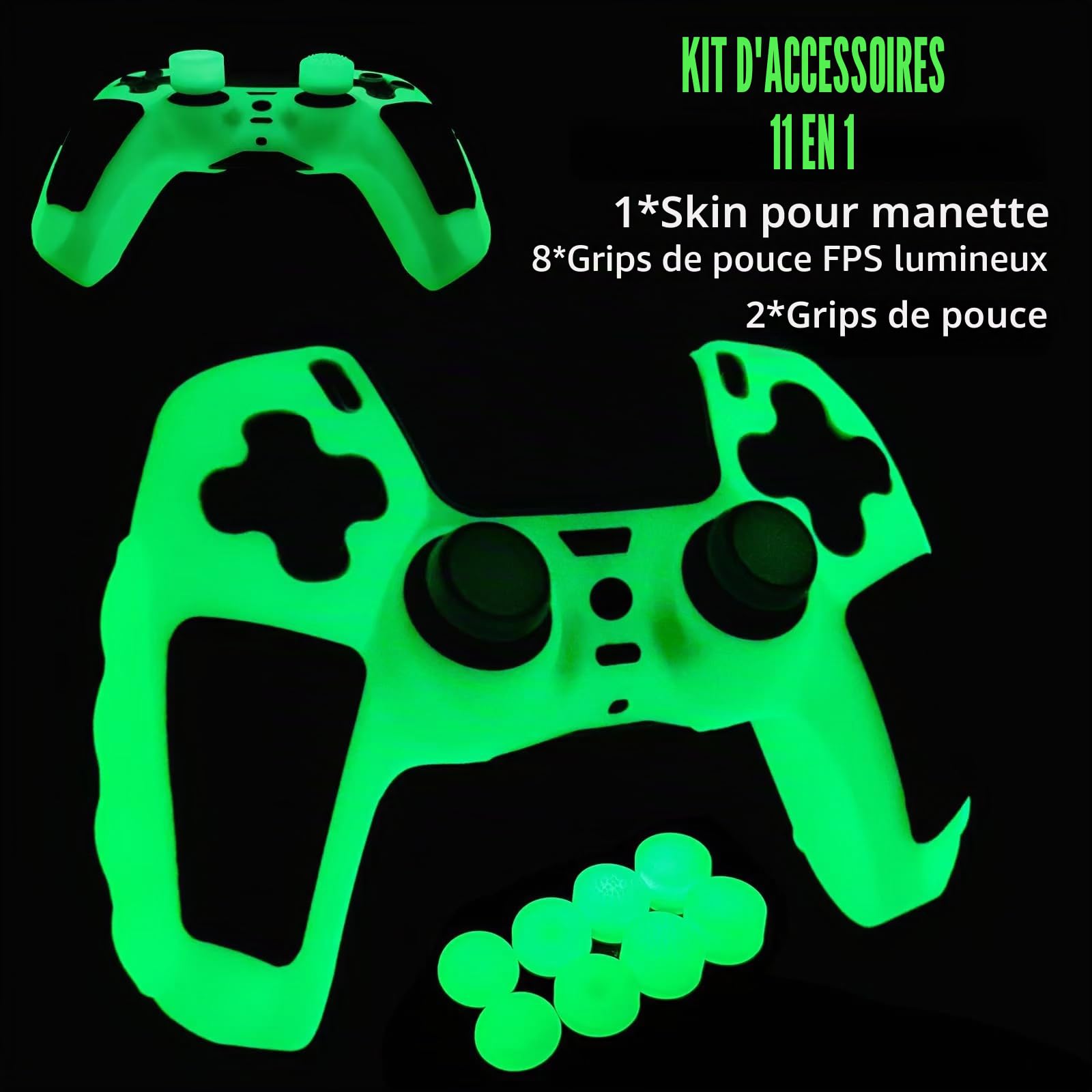 Peau de contrôleur PS5 Verte Qui Brille dans Le Noir, Housse de Protection en Silicone cloutée et épaisse, poignées compatibles avec la Manette PS5 avec 10 Capuchons de poignées