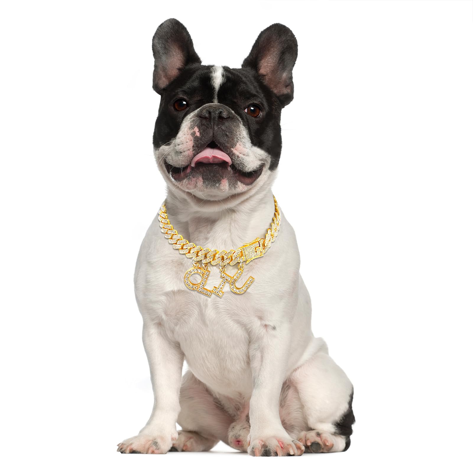 MUMUPET Custom Dog Collar Chain Golden Diamond Name Letters Cuban Style Collar Jewelry Secure Buckle Small Medium Dog Accessories