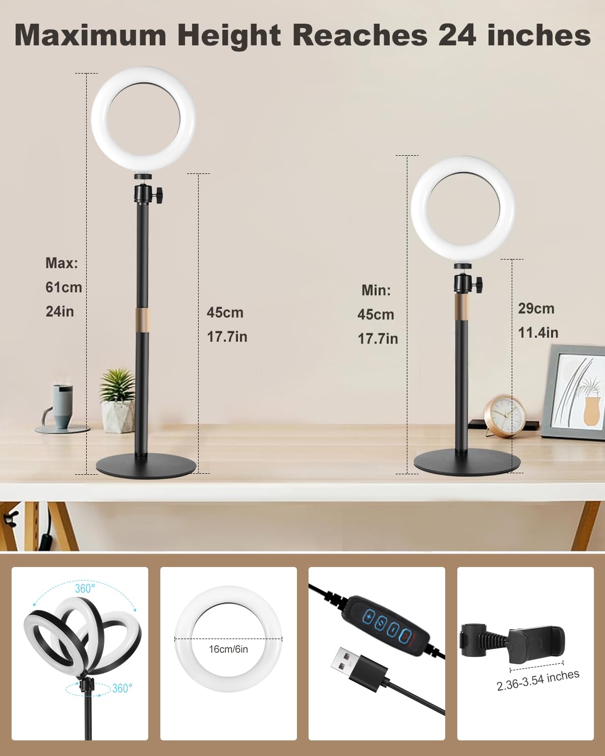 Railee Ring Light da Tavolo per Telefono 6" Luce per Selfie con Clip e Treppiede per Videoconferenza Laptop Computer Zoom Webcam Luce ad Anello LED Dimmerabile per Fotografia Live Stream Video