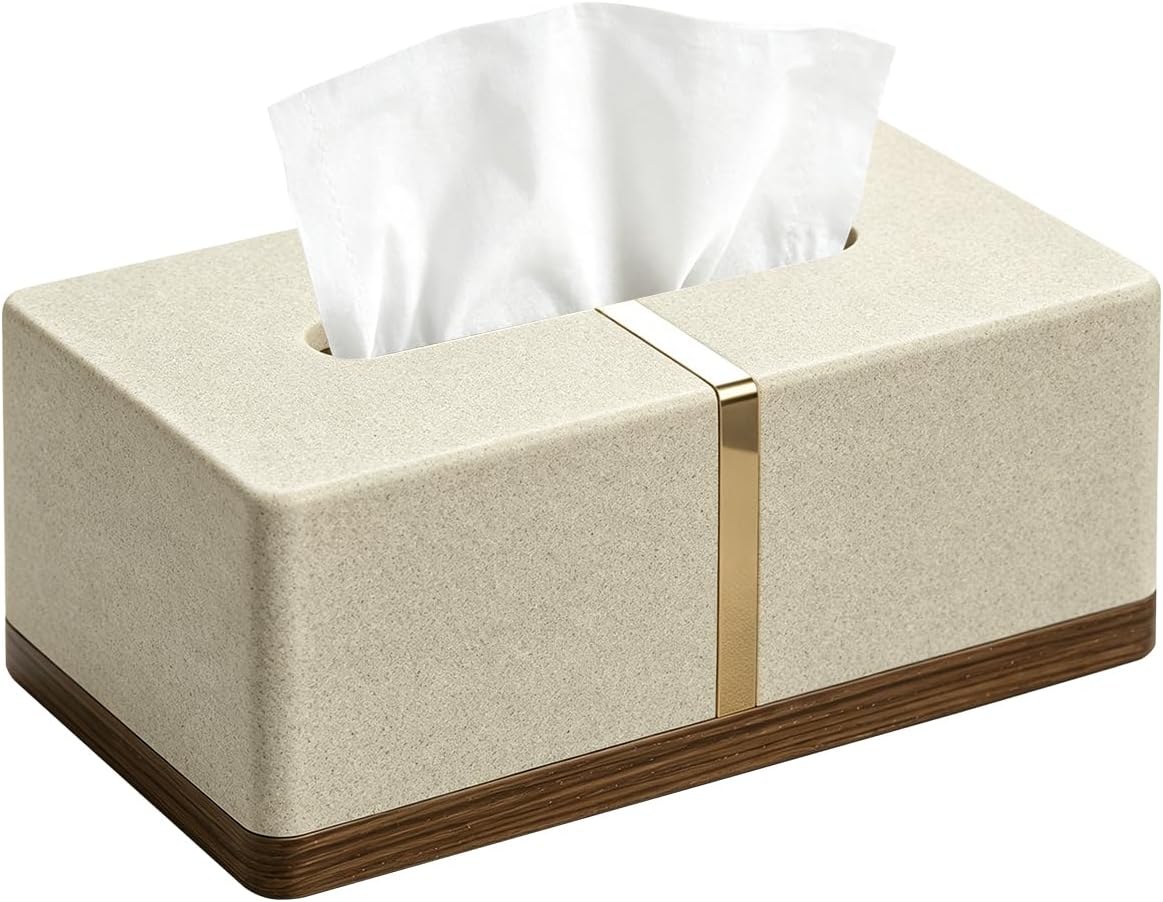 Rectangular Tissue Box Cover/Holder for Bathroom,Napkin Case with Gold Trim