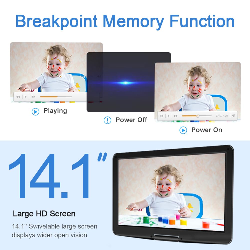 HOPYOP Lettore DVD portatile da 17 pollici con schermo HD 14.1, batteria ricaricabile da 5 a 6 ore, supporta più formati di dischi, scheda SD, USB, sincronizzazione TV, doppio altoparlante ad alto