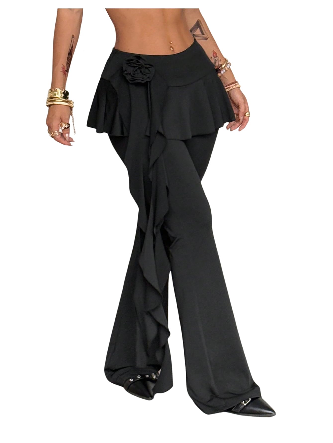 MakeMeChic Womens Floral Bell Bottom Pants Low Waist Flare Y2k Trousers with Ruffle Skirt