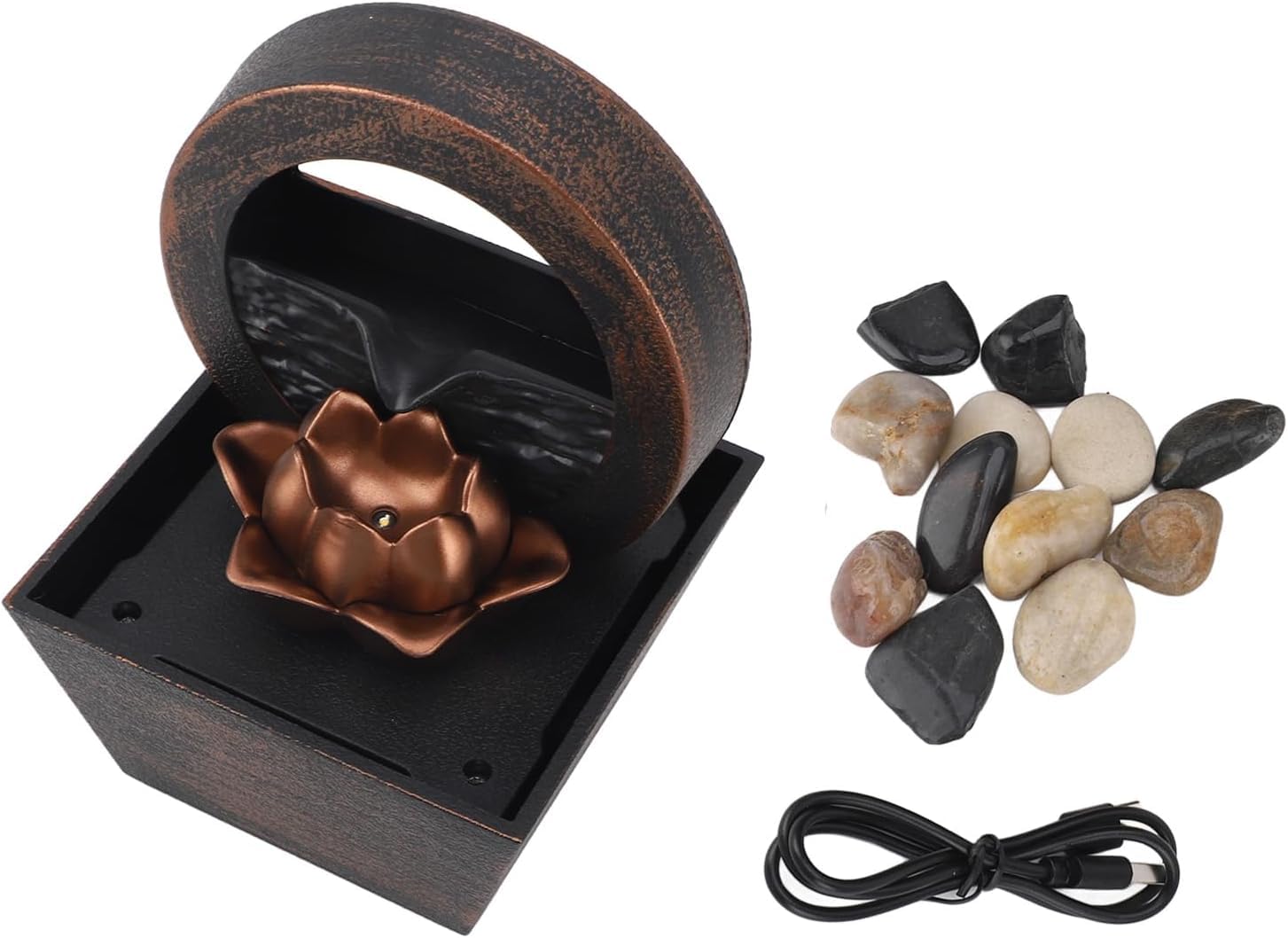 Automatic USB Tabletop Fountain Waterfall Indoor Water Lotus Leaf Flowing Water LED Night Light Calming Water Sound Relaxation Fountain Flower Decoration Stone Bedroom Home Office Desk Decor