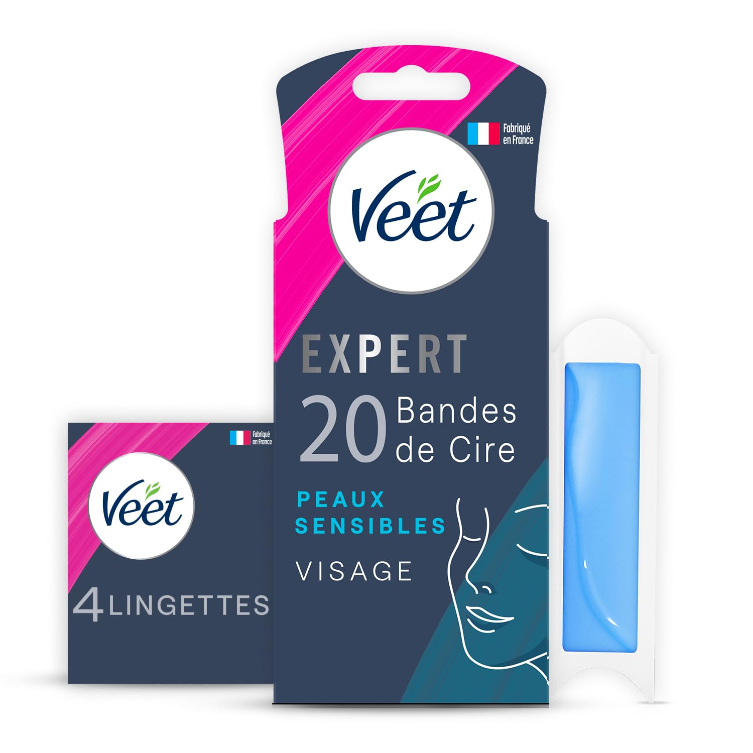 Veet EXPERT - 20 Bandes de Cire Froide Visage - Peaux Sensibles - Finition Parfaite - Epilation Longue Durée