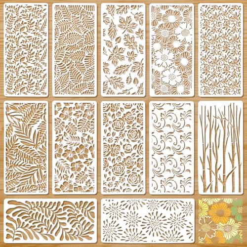 JSRQT 12 Pièces Pochoirs de Textures Florales, Modèle de Dessin de Textures Décoratives Feuilles, Set de Pochoirs Réutilisables en Plastique pour Meuble...