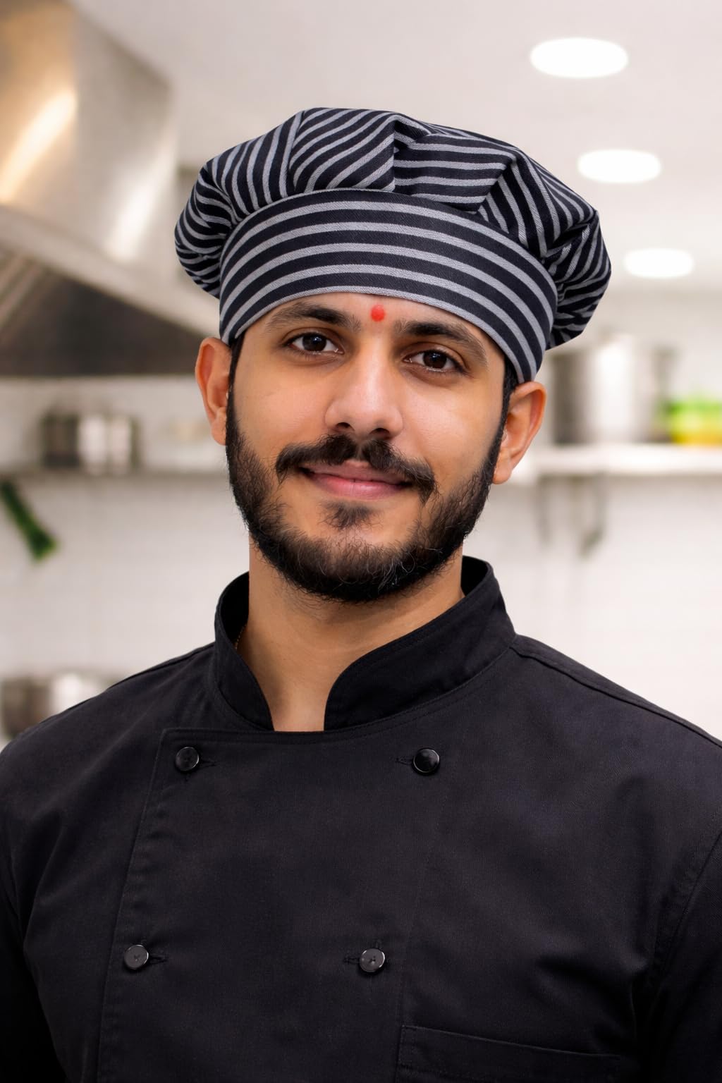 Professional Chef Hat Cap for Men and Women, Black and White Striped Design, Adjustable Fit, Breathable Solid Fabric, Unisex Culinary Headwear for Home and Hotel Kitchen Pack of 1-image-0
