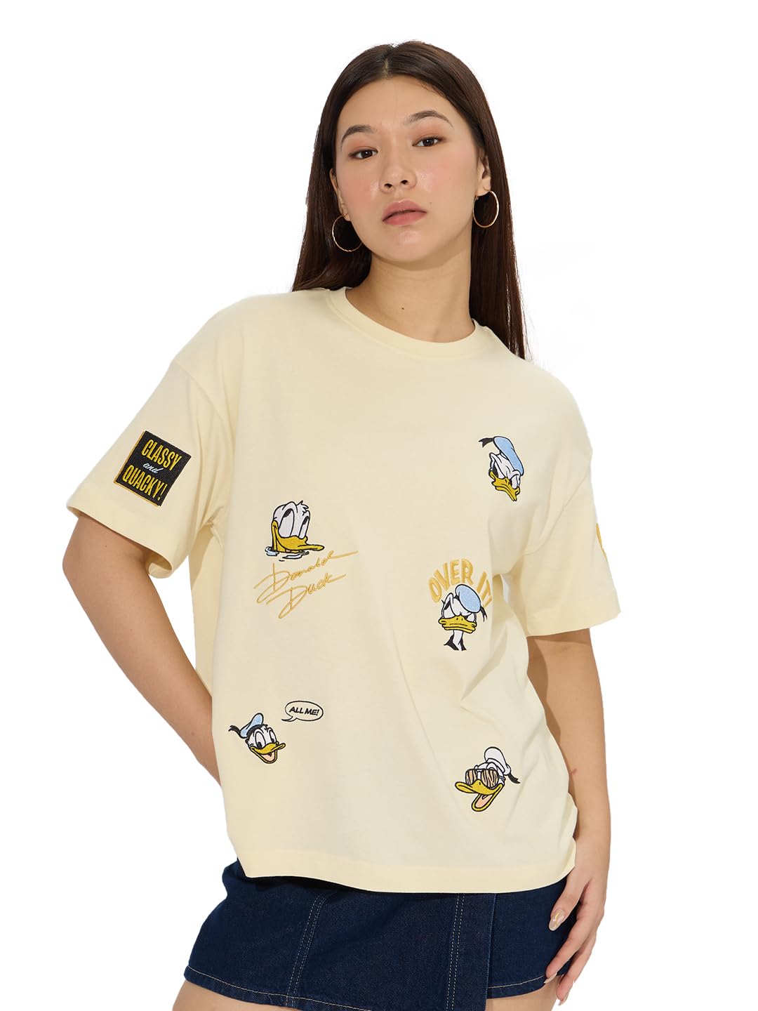 the souled store Official Donald Duck: Quack Off Women and Girls Short Sleeves Round Neck Yellow Embroidered Cotton Oversized T-Shirts-picture-49