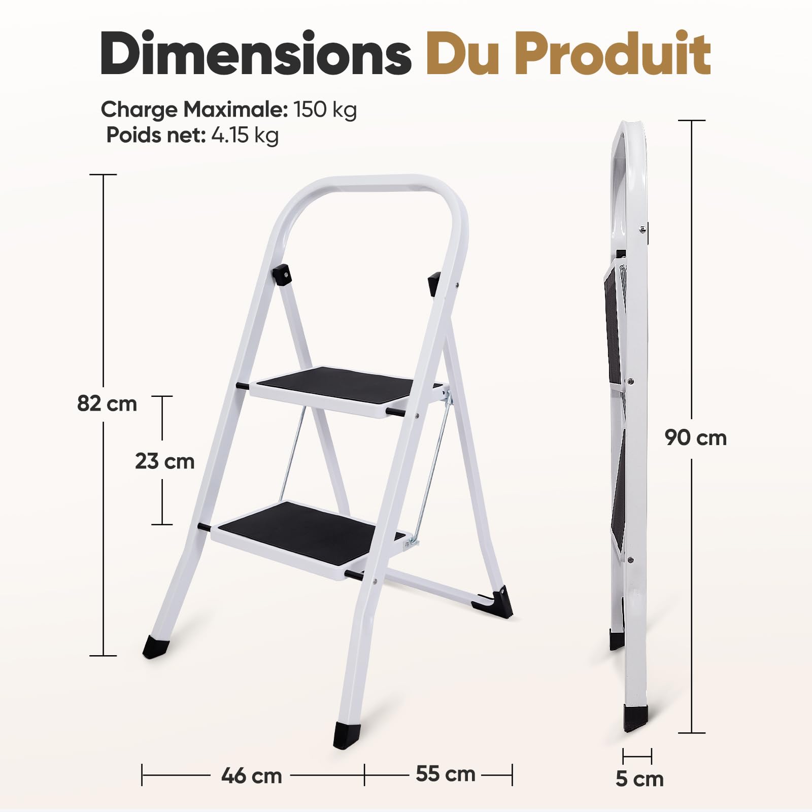 Sekey Escabeau 2 Marches Pliable, Petit Escabeau Pliable Compact, Marchepied Escamotable en Acier Sécurisé, Antidérapant pour Usage Domestique, Certifié SGS EN14183, Charge Maximale 150 kg