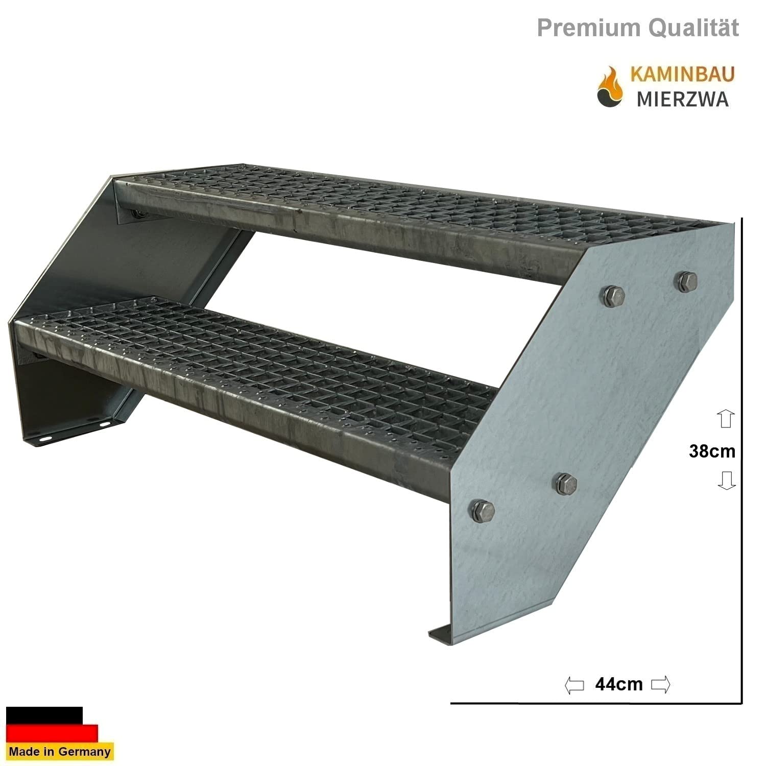 Premium Stahl Treppe Verzinkt 2 Stufen (Breite 120 cm) (Höhe 38 cm) Wetterfest Gitterroststufe Gartentreppe