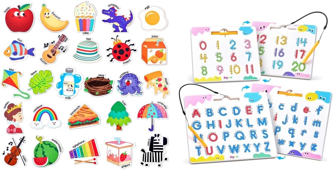 JoyCat Magnetic Letter and Number Tracing Board Set, Double Sided Alphabet & Numbers Board for Toddlers + 26 Cute A-Z Objects, Large Magnetic Refrigerator Toys