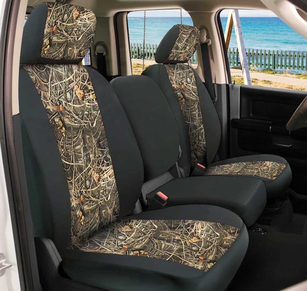 CarsCover Custom Fit 2009-2016 Dodge Ram 1500 2500 3500 Pickup Truck Wetsuit Neoprene Car Front Seat Covers Camo and Black Sides Driver & Passenger Cover Real Maple Forest Tree Leaf Camouflage Covers