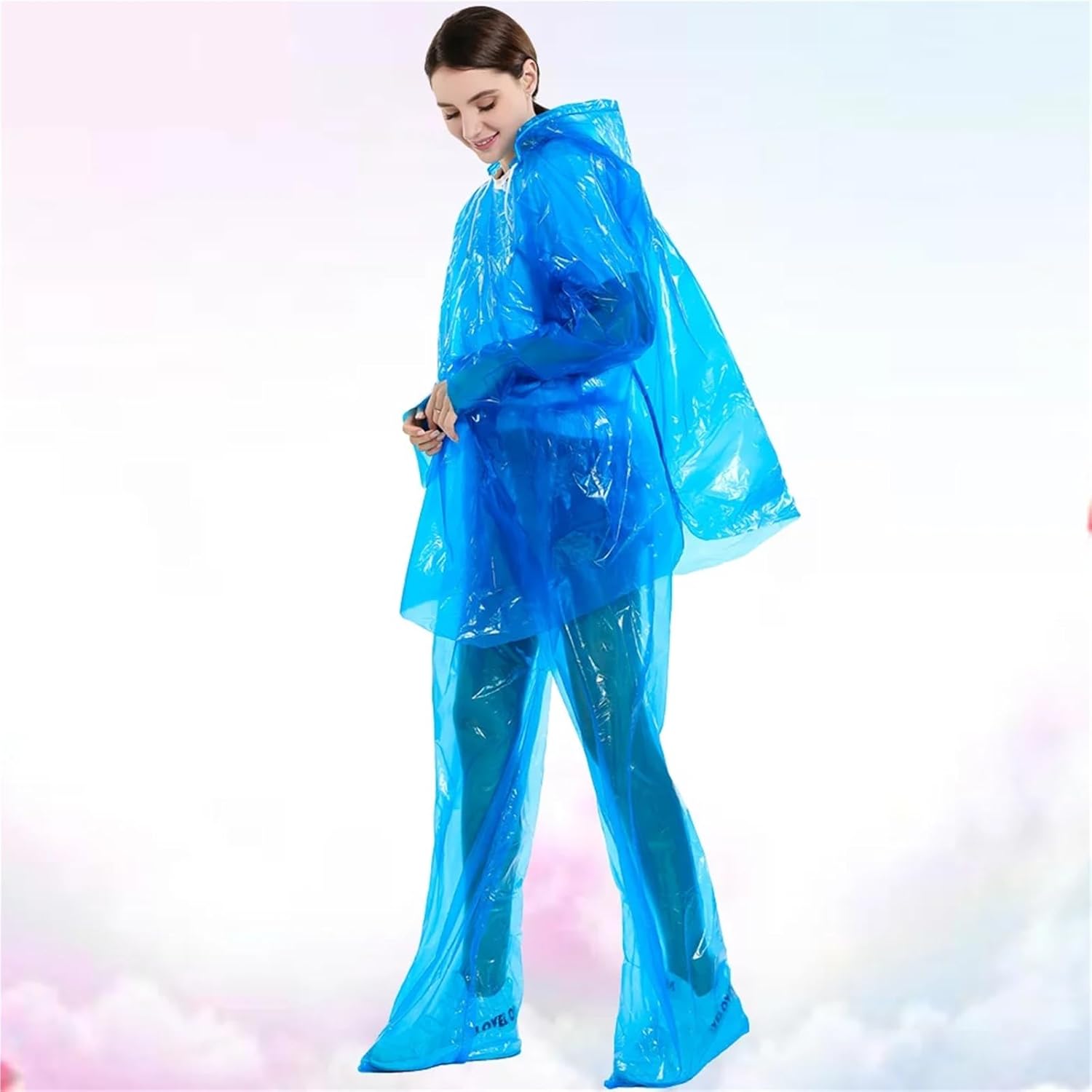 Disposable Rain Ponchos For Adults 5PCS Disposable Two-piece Raincoat Adults Windproof Hooded Rain Poncho Unisex Plastic Raincoats Hoodie for Camping (Blue)