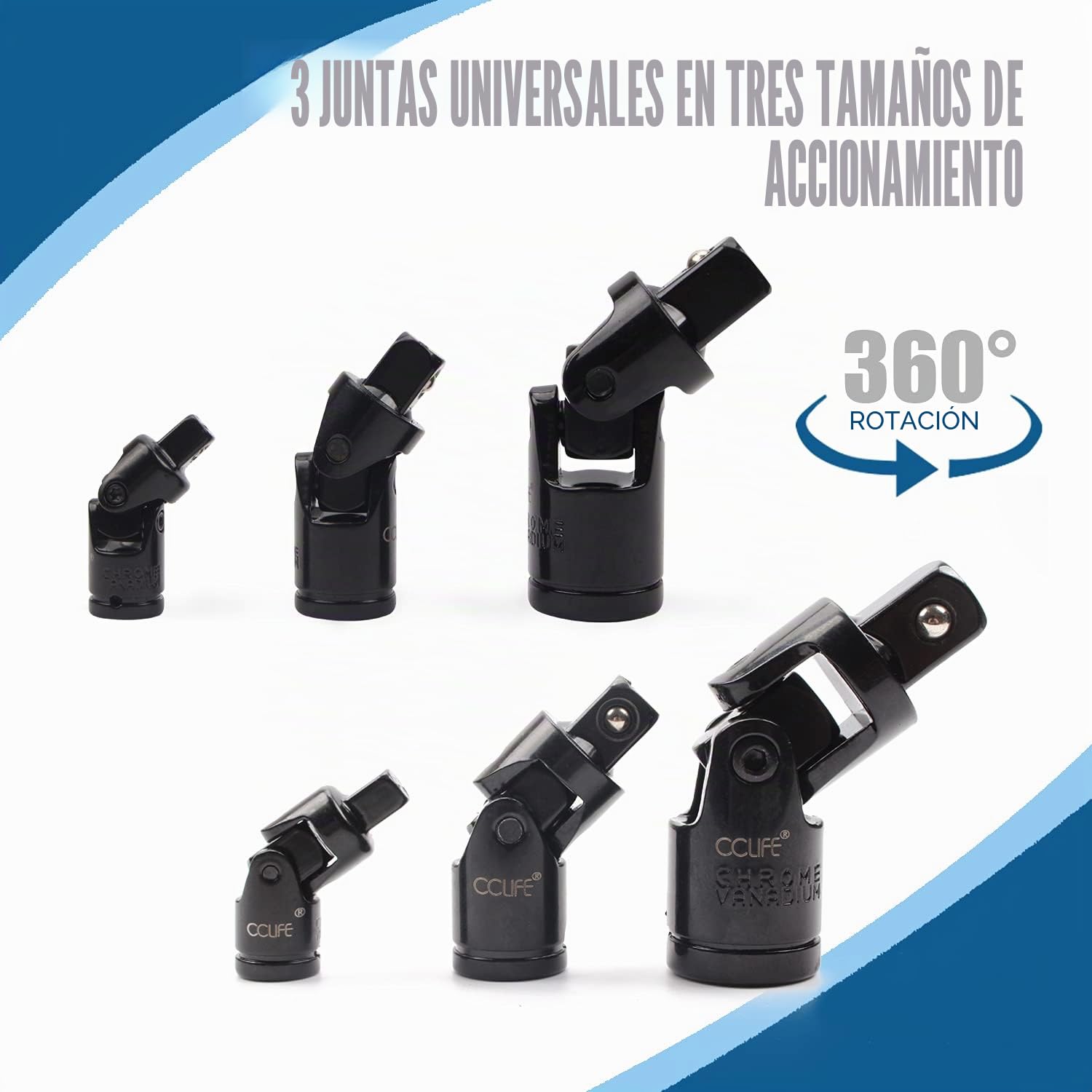 CCLIFE 18 piezas Juego de Alargador Llave Vaso Extensiones Carraca 1/2' 1/4' 3/8' con Junta Universal y Adaptadores,CR-V