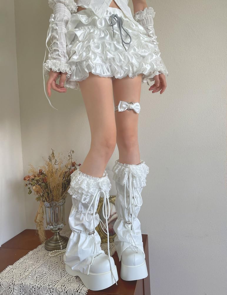 [QRUENNTG] レディース ゴス レッグウォーマー ファッション レーストリム ドローストリング Y2K 原宿 防水 レッグス