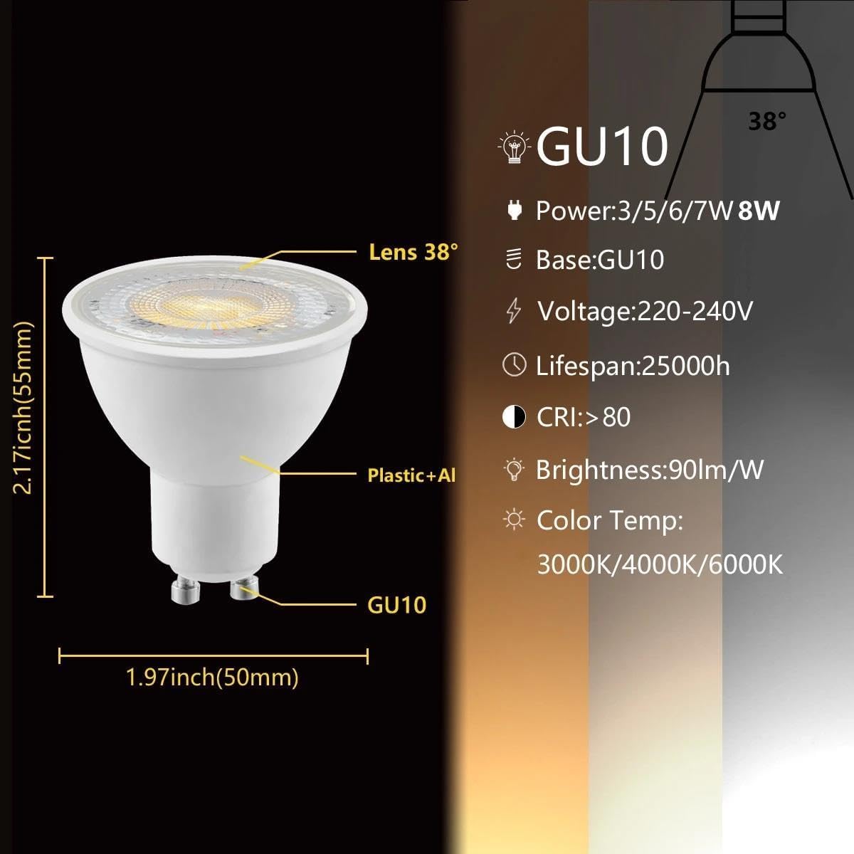 Bombilla LED GU10, 110–230V 9W, ángulo de haz de 38°, 2700 K/4000 K/6500 K, adecuada para focos de pista de cocina e iluminación empotrada (230V-9W 10PCS/luz neutra 4000K)