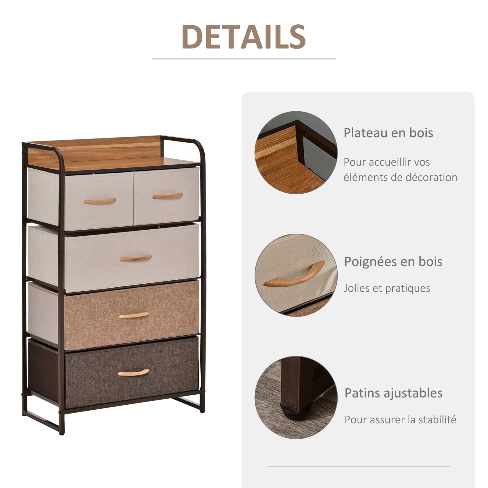 HOMCOM Commode Meuble de Rangement 5 tiroirs Pliables en Tissu 58 x 29 x 99 cm Multicolore
