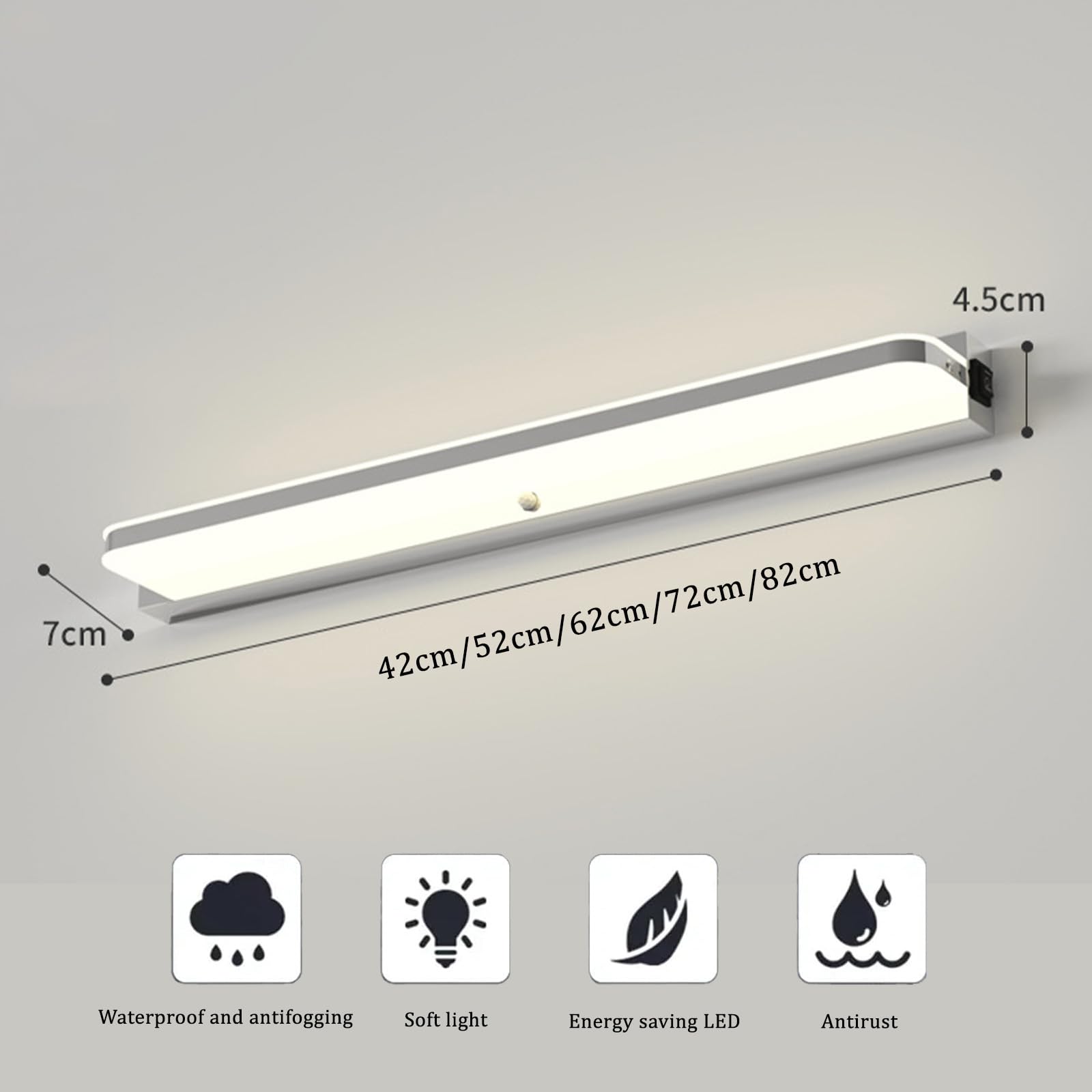LED Luz de Espejo Baño con Sensor de Movimiento Impermeable Lámparas de Pared Inoxidable Interior Armario con Espejo Lámpara Apliques de Pared para Tocador Armario Luz Neutro 4000K (Plateado,62cm)
