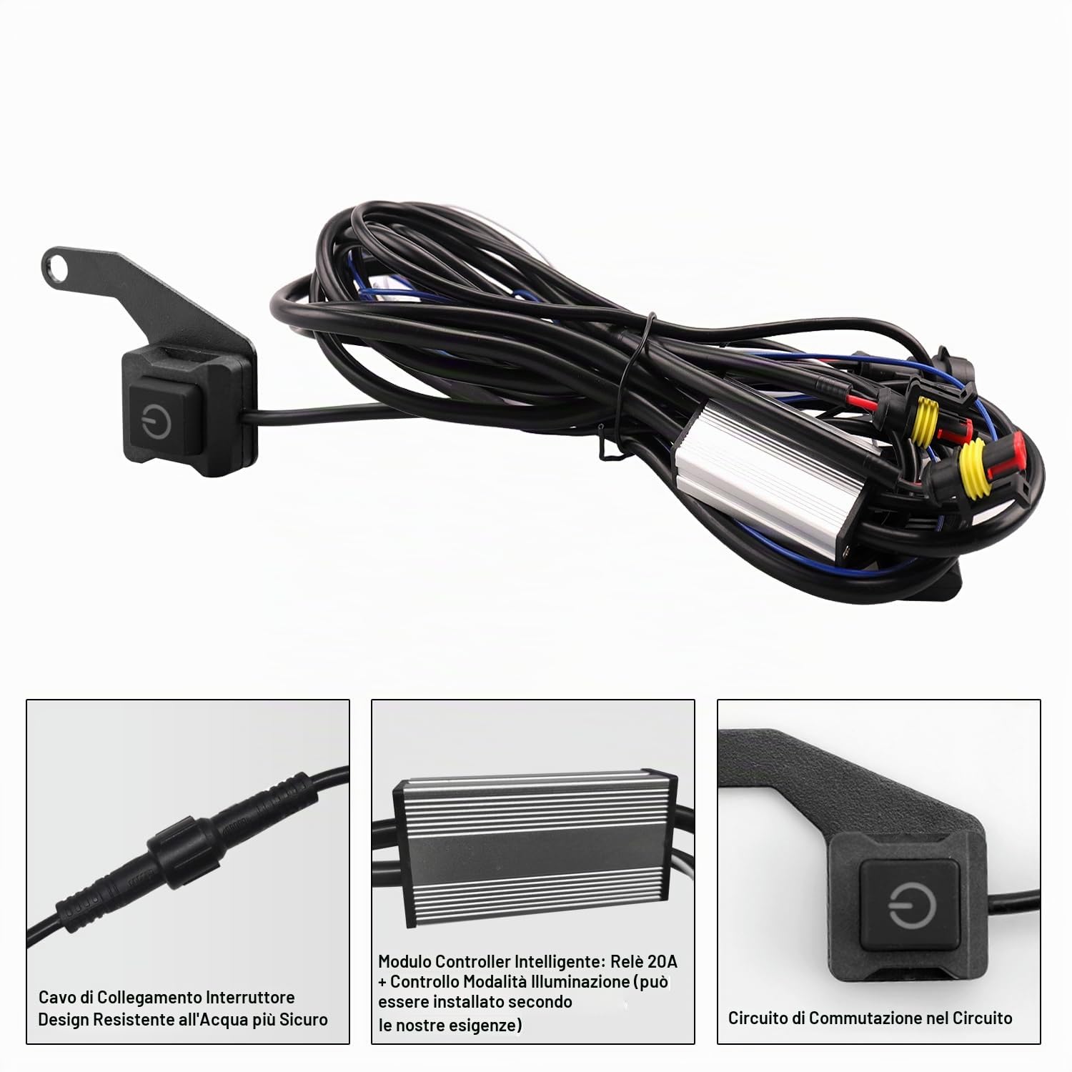 Cablaggio Barra LED Moto, 12V Controllo 2 Lampade, Fusibile 10A/15A Kit relè ON/OFF Impermeabile, per Interruttore Fendinebbia, Luce di Lavoro Aggiuntiva/Fanali Ausiliari, 1 Impostato