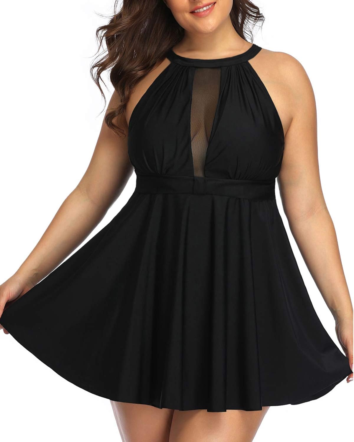 Temptme Women Plus Size One Piece Swimsuit High Neck Plunge Mesh Skirt