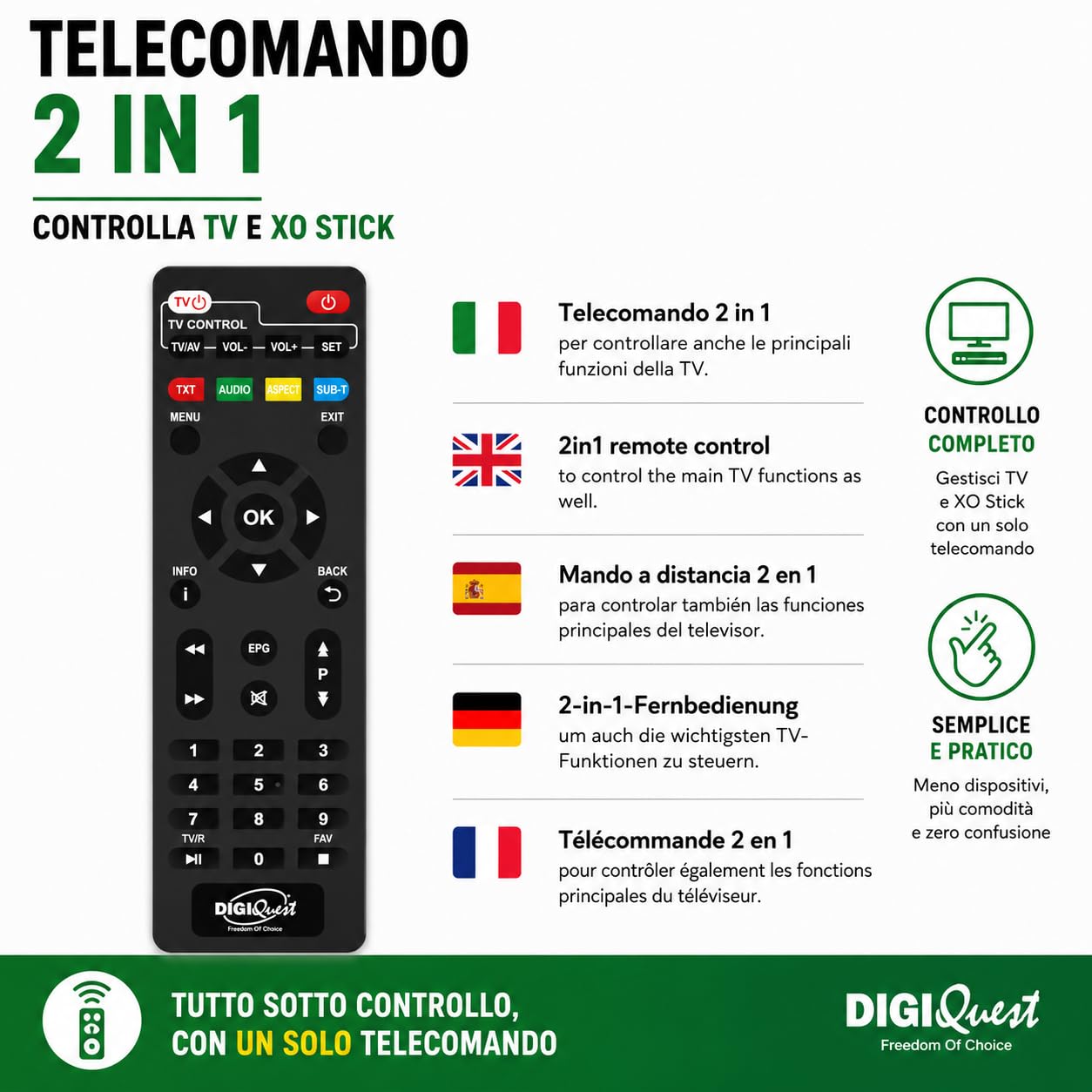 Digiquest DecoderTerrestre, XO Stick, DVB-T2, Schwarz - Sparen Sie Energie durch die Stromversorgung des Fernsehgeräts, 2-in-1-Fernbedienung, ideal für Wandfernseher