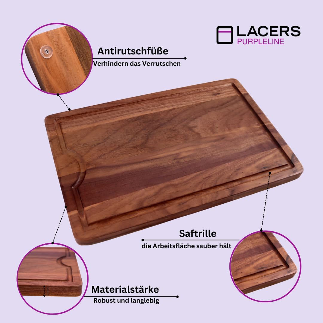 Lacers PurpleLine - Tagliere in legno di noce con scanalatura per succo, piedini antiscivolo e design elegante, per cucina, pane, carne e verdure, 385 x 255 x 20 mm