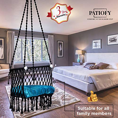 Image of Patiofy Made in India Premium Cotton C-Swing Chair for Adults, Kids Hammock-Hanging Chair Swing with Blue Color Cushion and Accessories (Black-Blue)