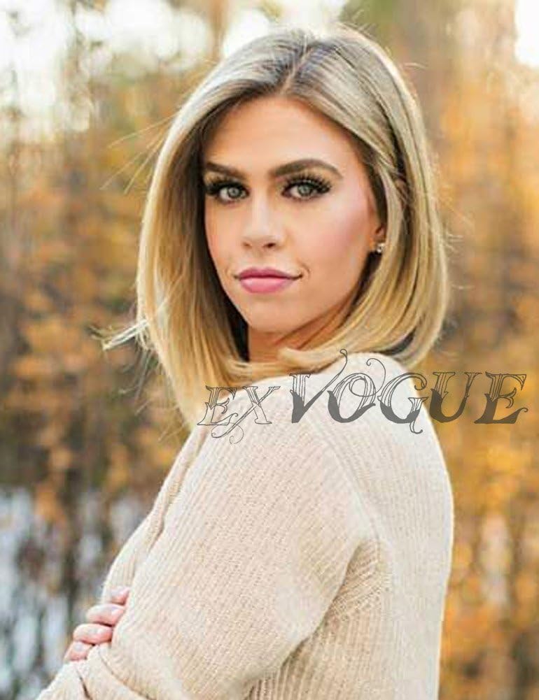Exvogue Chic Lace Front Short Ombre Blonde Bob Wig Dark Roots for African American Women Straight Heat Resistant Synthetic Fiber Hair 2 Tones Color