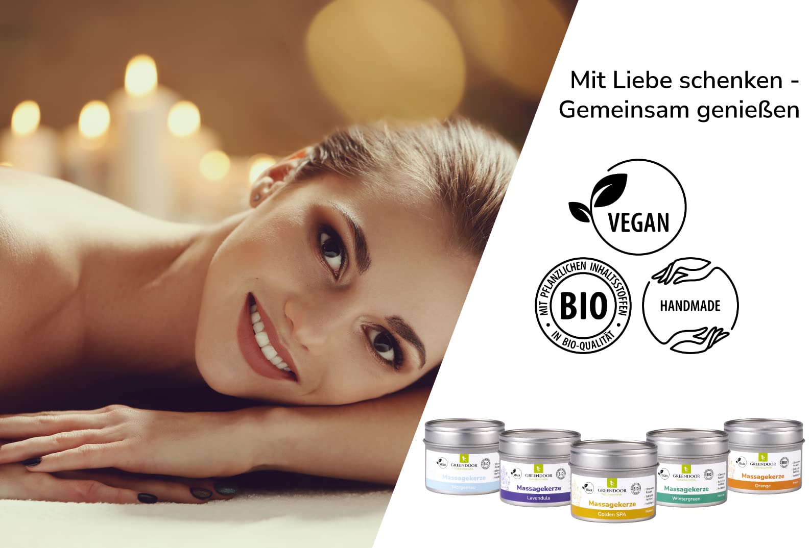 GREENDOOR MASSAGE SPAR-SET 5 vegane Natur Massagekerzen, 500ml, BIO Sojawachs und BIO Öle, natürlich ohne Tierversuche, warmes Massage-Öl Naturkosmetik Massagen, Geschenke Geschenk-Set