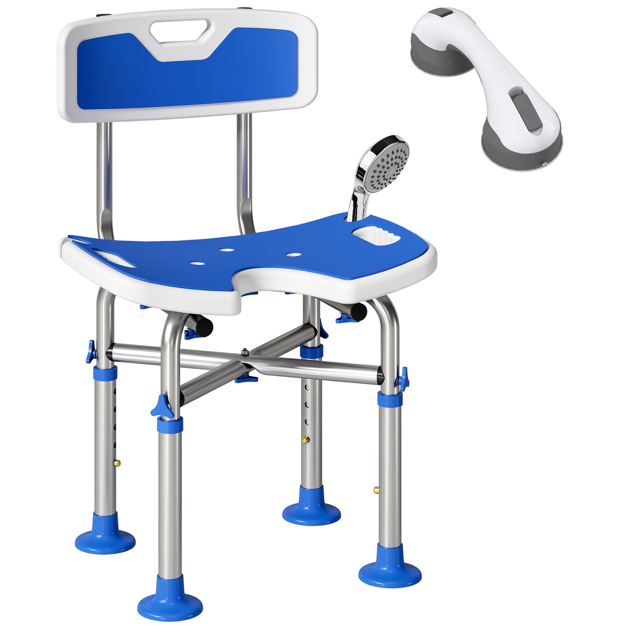 HOMCOM Silla Ducha Personas Mayores con Respaldo Antideslizante 150 kg | Altura Ajustable en 5 Posiciones, Soporte para Alcachofa, para Ancianos y Discapacitados