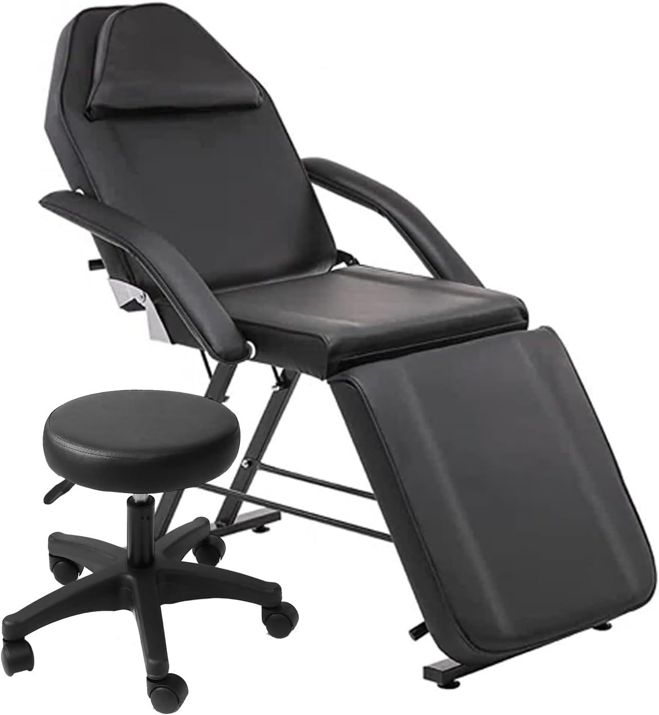 Adjustable Massage Bed Salon Tattoo Chair with Hydraulic Stool, Multi-Purpose 3-Section Facial Bed Table, Beauty Barber Spa Beauty Equipmen, Black (Black)