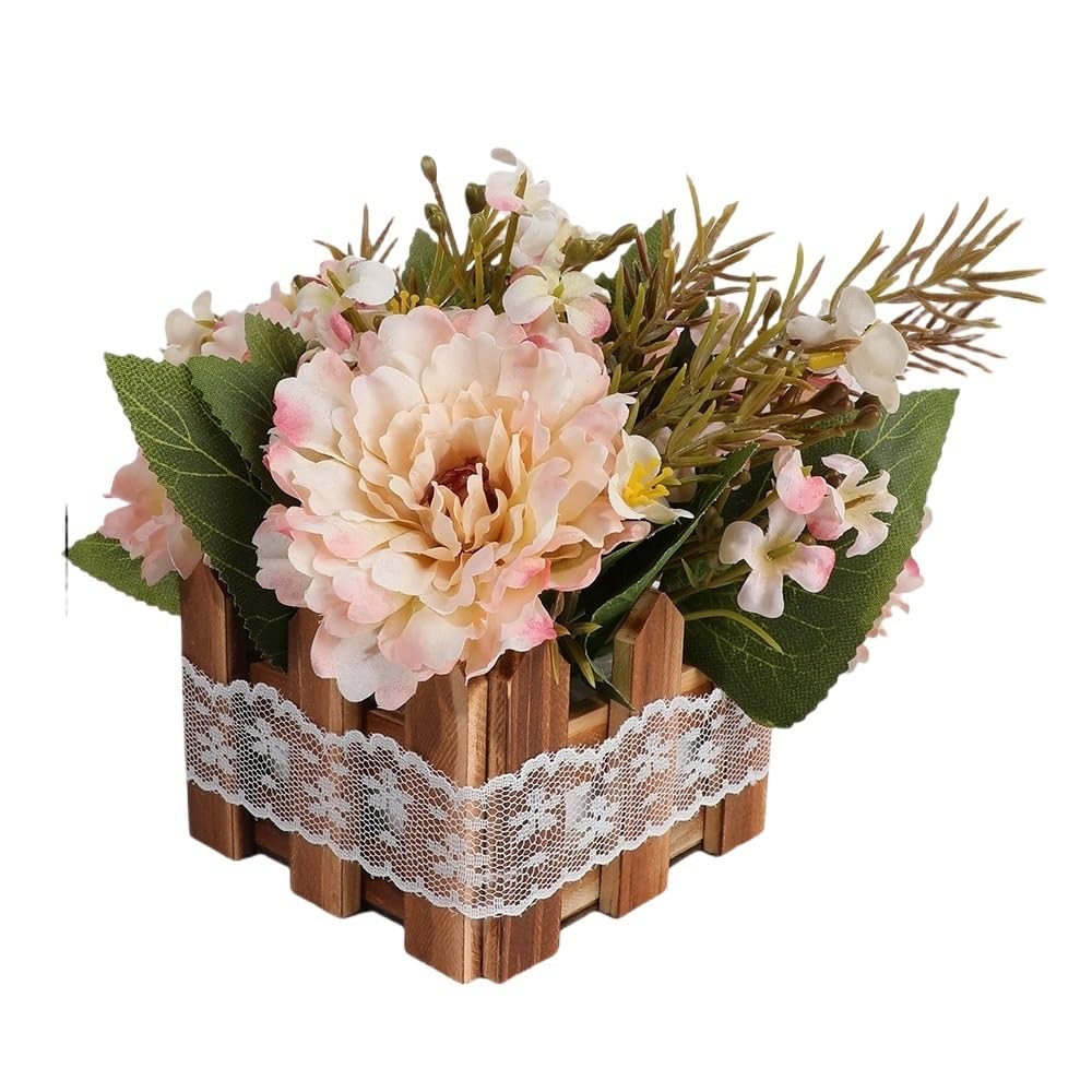 Huffa Champagne Simulated Peony Flower Pots For Home Decoration | Decorative Silk Flower Ornaments With Wooden Fences(Champagne)