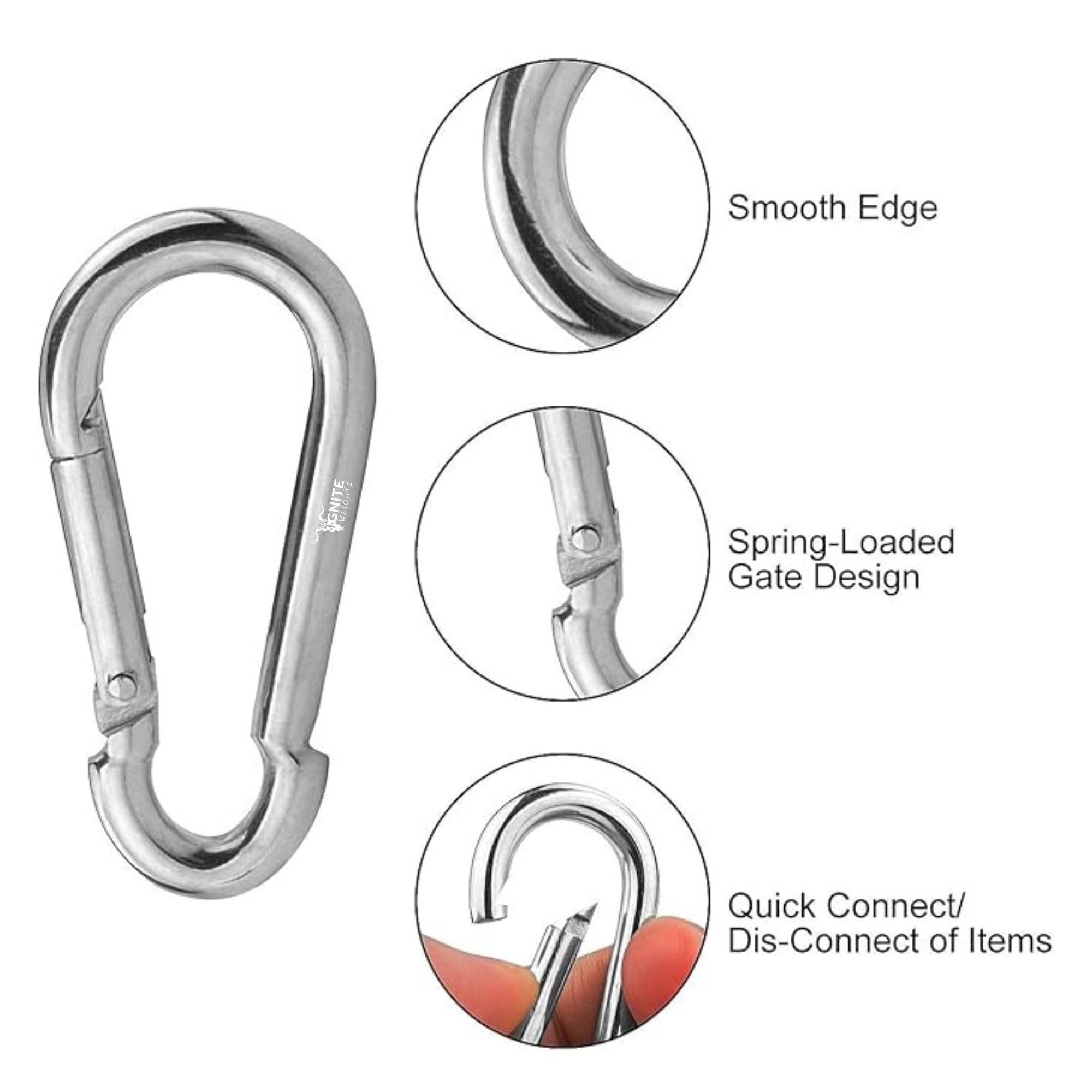 IGNITE WEIGHTSยฎ Heavy Duty, Stainless Steel Carbiner Clip Snaphook-3.16Inch Safety Lock Cable Attachment, Keychain, Hook Swing Connector, (Silver) Pack of 4 1