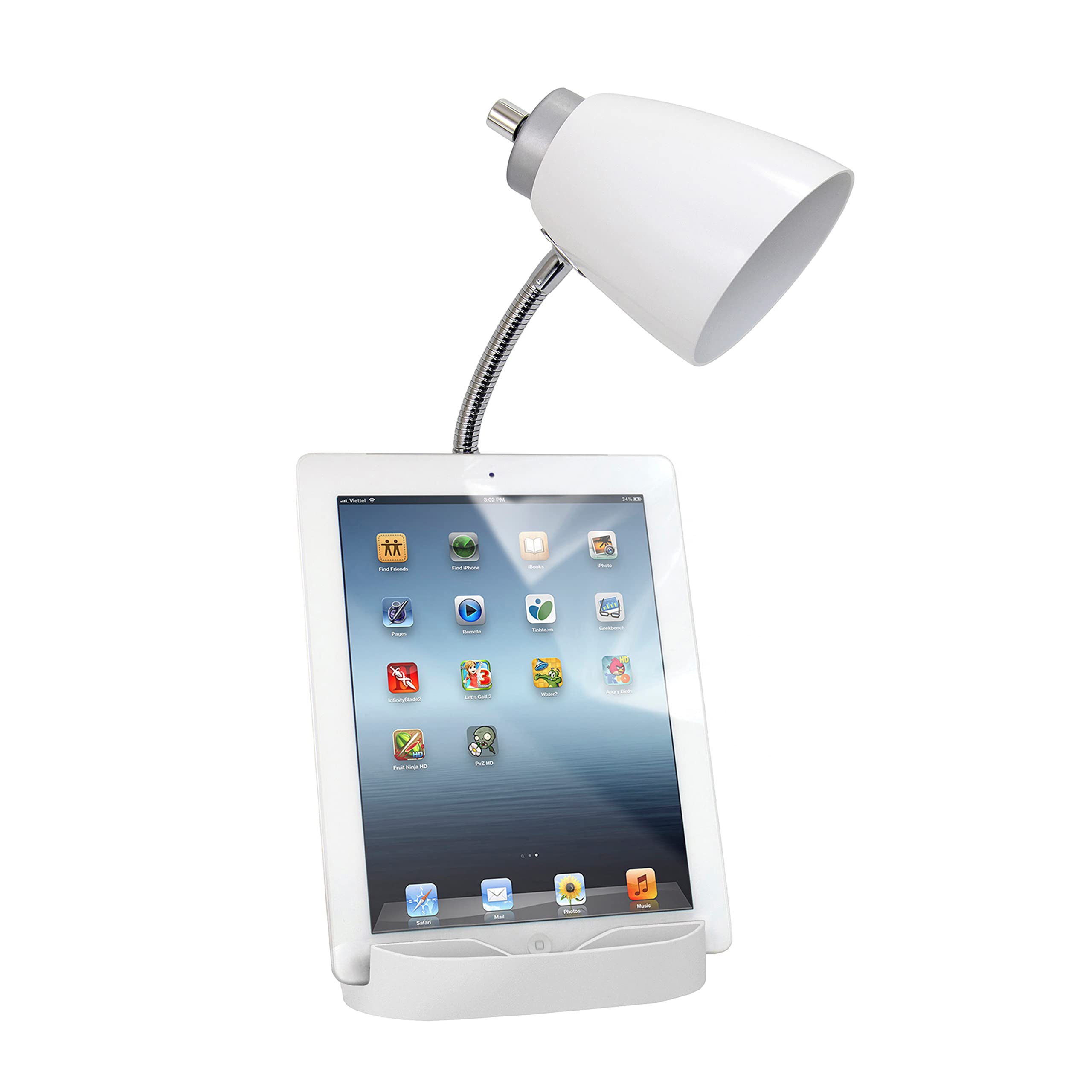 LimeLights LD1056-WHT iPad Tablet Stand Book, White Gooseneck Organizer Desk Lamp with Holder and USB Port