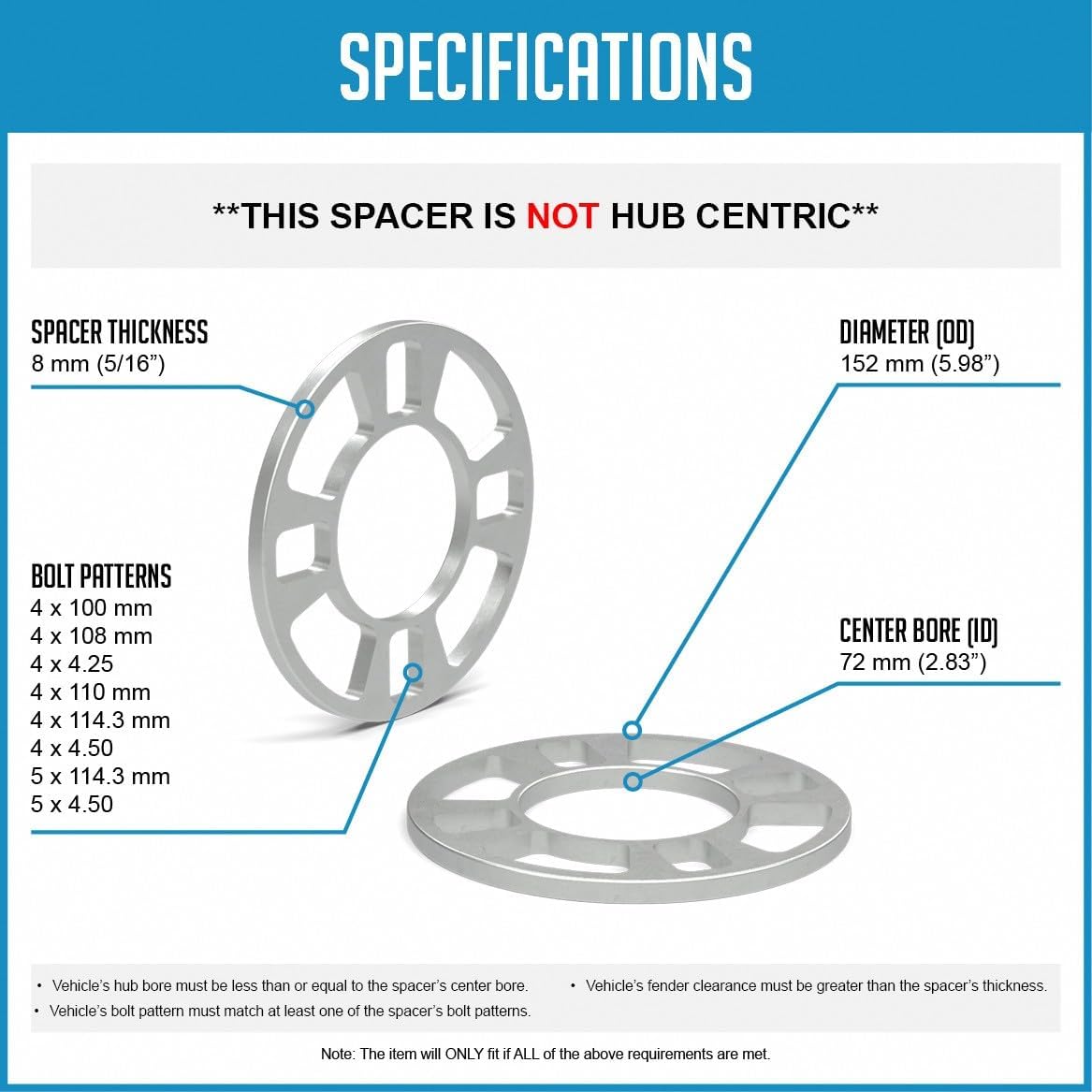 Wheel Accessories Parts 4 Pcs Die Cast Wheel Spacers 8mm 5/16" Thick Fits Bolt Patterns 4x100mm 4x108mm 4x4.25 4X 110mm 4x114.3mm 4x4.50 5x114.3mm 5x4.50 Fits 4 Lug Pass Cars