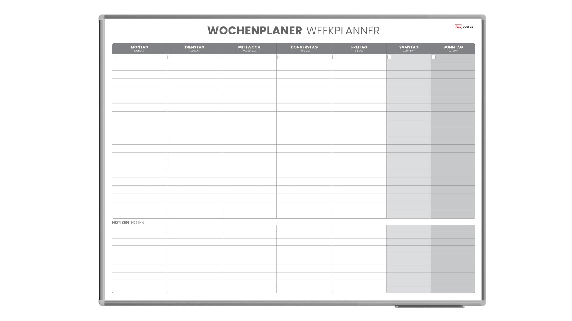 ALLboards Magnetischer Wochenplaner 120x90cm für Wochensplanungen, einfach zu beschreiben Wochenplaner Wandkalender Memoboard Magnettafel auf Deutsch