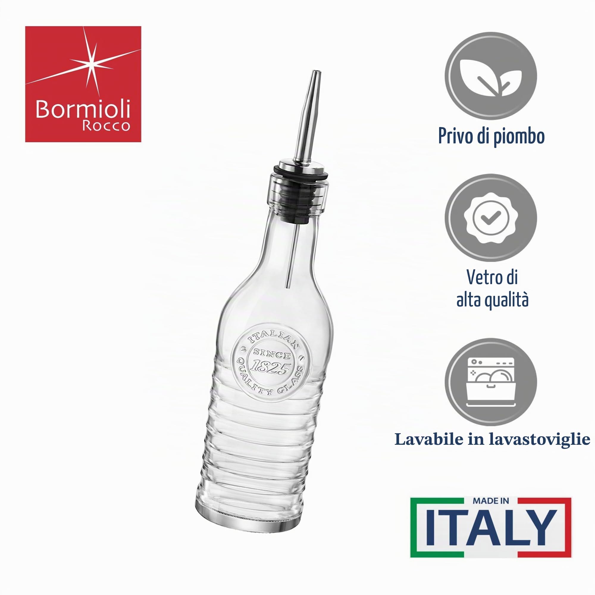 BORMIOLI ROCCO Officina 1825 - Bottiglie in vetro per olio d'oliva/aceto - Beccuccio in acciaio inossidabile - 268 ml - Set di 2