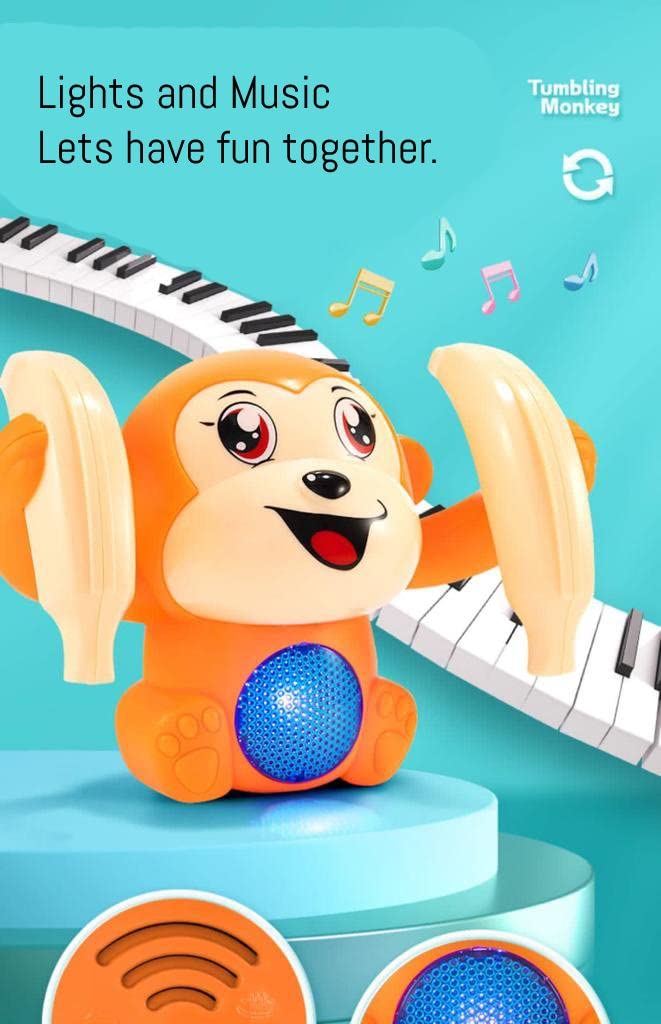 Electric Monkey Toy Voice Control Tumbling Monkey Figurine Sensor Light Music Animal Toy Rotating Arm Animal Doll for Girls and Boys Orange