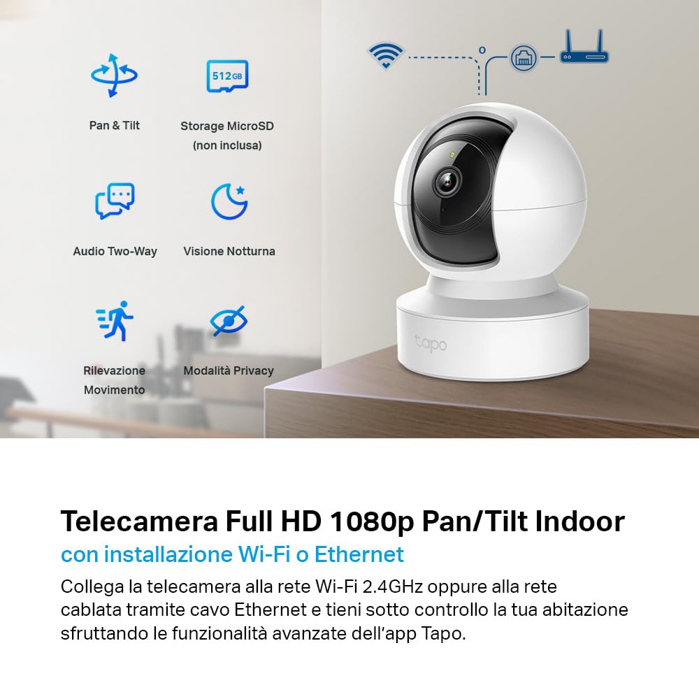 Tapo C202 Telecamera Wi-Fi Interno, Porta Ethernet, Videocamera Sorveglianza FHD, Visione Notturna, MicroSD fino a 512GB, Audio Bidirezionale, 360° Visuale, Alexa, Google, Allarme acustico e luminoso
